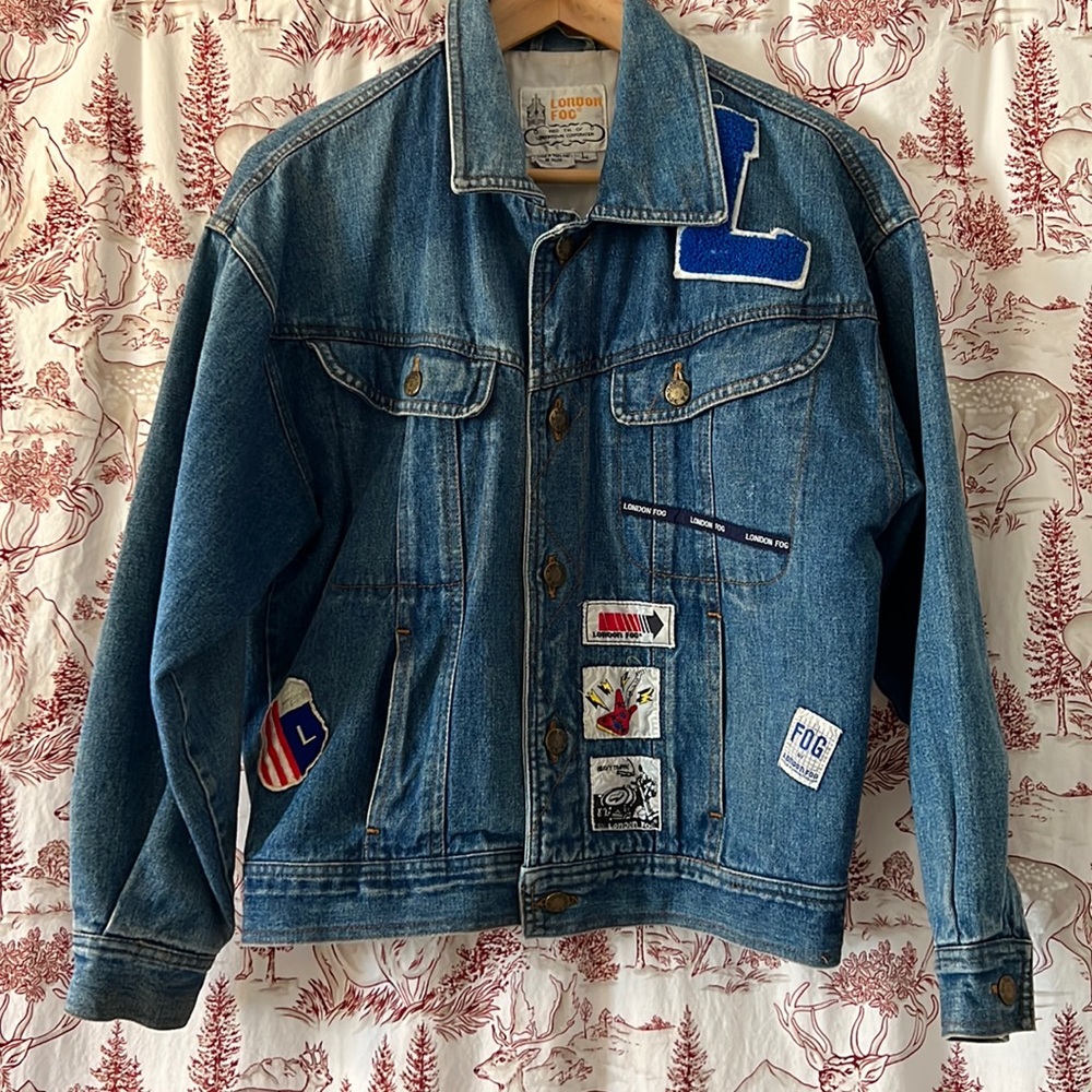 Vintage Rare HTF London Fog Denim Jacket Womens Large/8 Lettermen Patches
